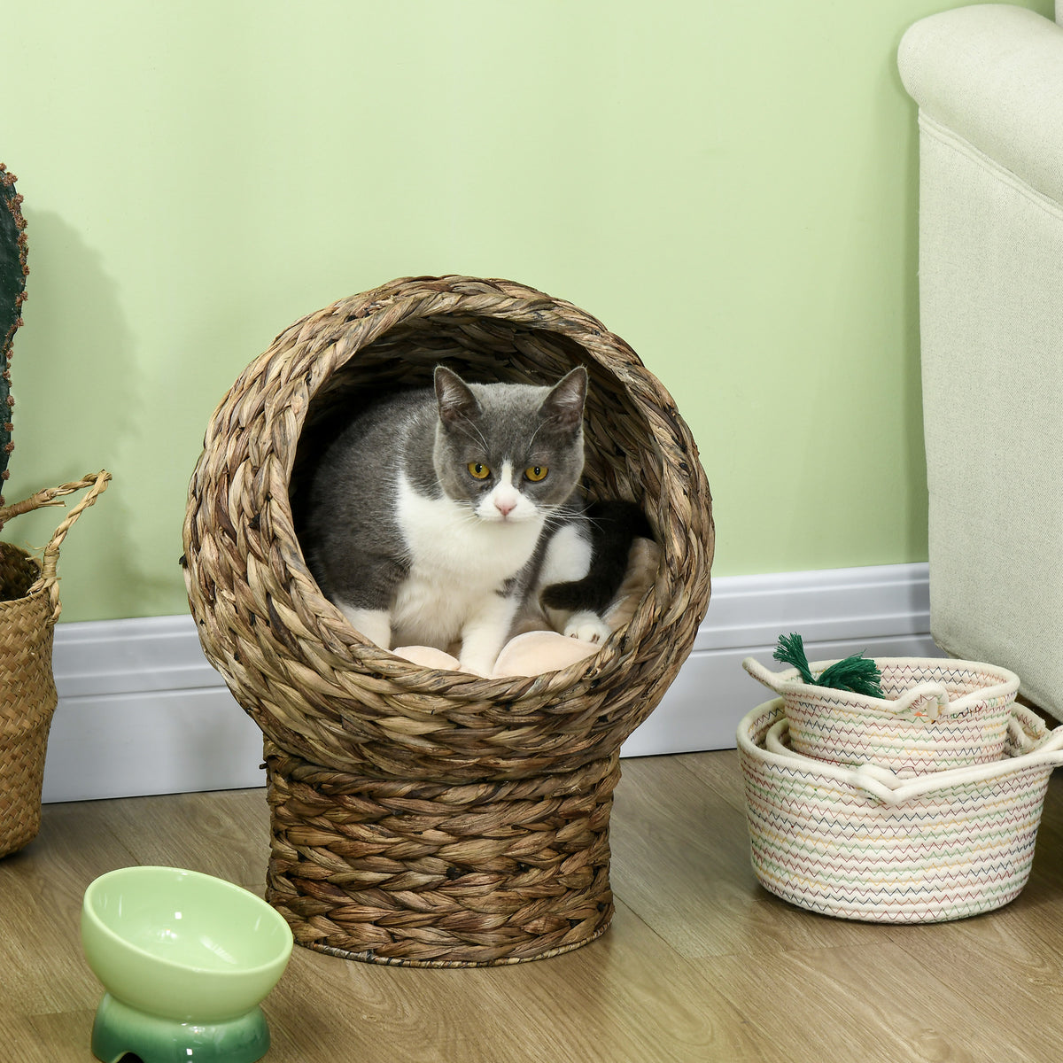 PawHut Rattan Katzenkorb Katzenhöhle Katzenhütte Katzenbett mit Kissen Haustierbett Wasserhyazinthe – Produktabbildung 2