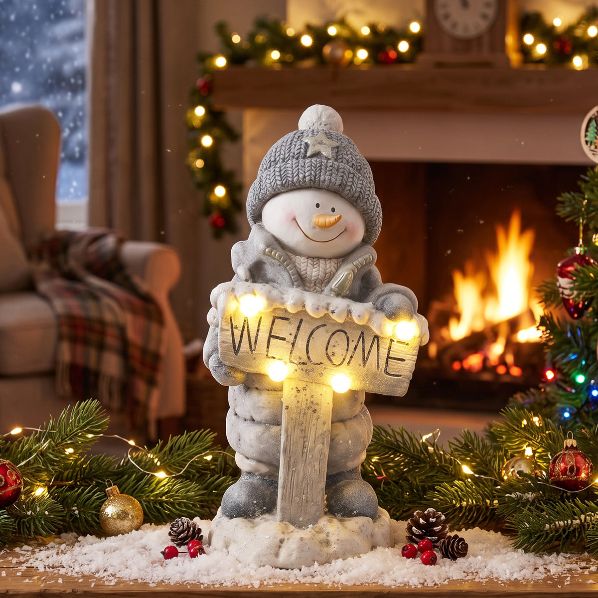 Christmas decoration snowman figurine, illuminated Christmas statue made of MGO with Welcome sign, LEDs and (2)