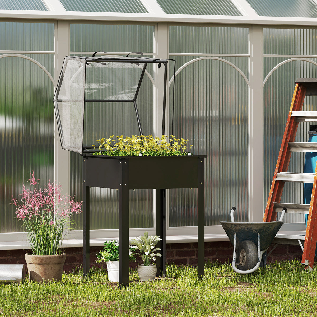 Raised garden bed with greenhouse roof, elevated planter box with drainage holes, 60 x 60 x 120 cm, black (2)