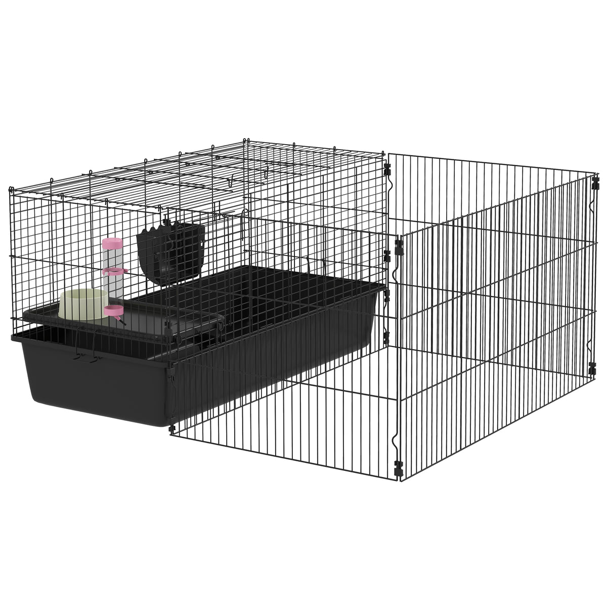 PawHut Kleintierkäfig mit abnehmbaren Gehege, Laufgitter mit Stall, inkl. Zubehör, Schwarz