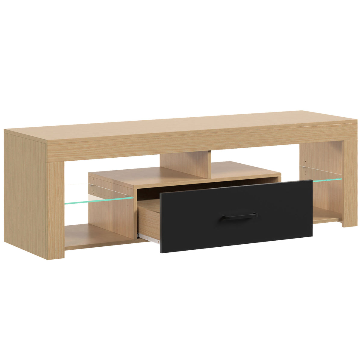 HOMCOM TV-Lowboard für Fernseher bis 65 Zoll, moderner TV-Schrank mit verstellbaren Glasböden, Eiche