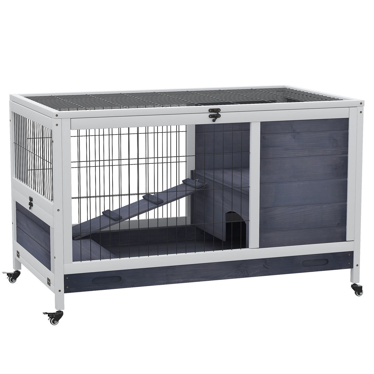Wooden rabbit hutch rabbit coop with wheels, folding roof, ramp, pull-out tray, winterproof, guinea pig hutch