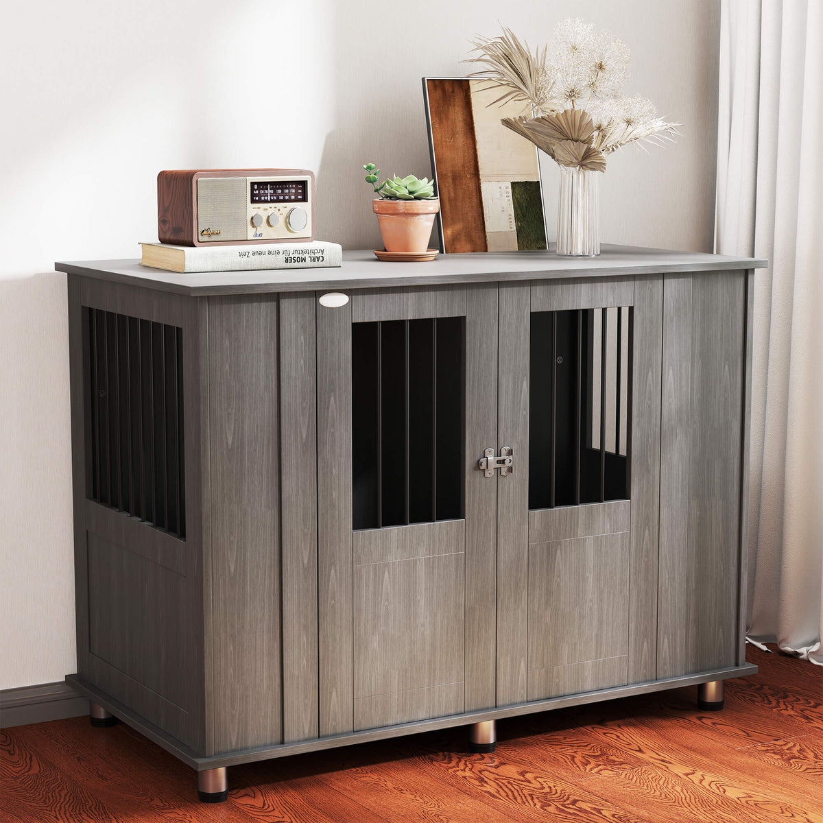PawHut Hundebox, 2 Türen, inkl. Verriegelung,116 cm x 60 cm x 87 cm, Grau – Produktabbildung 2