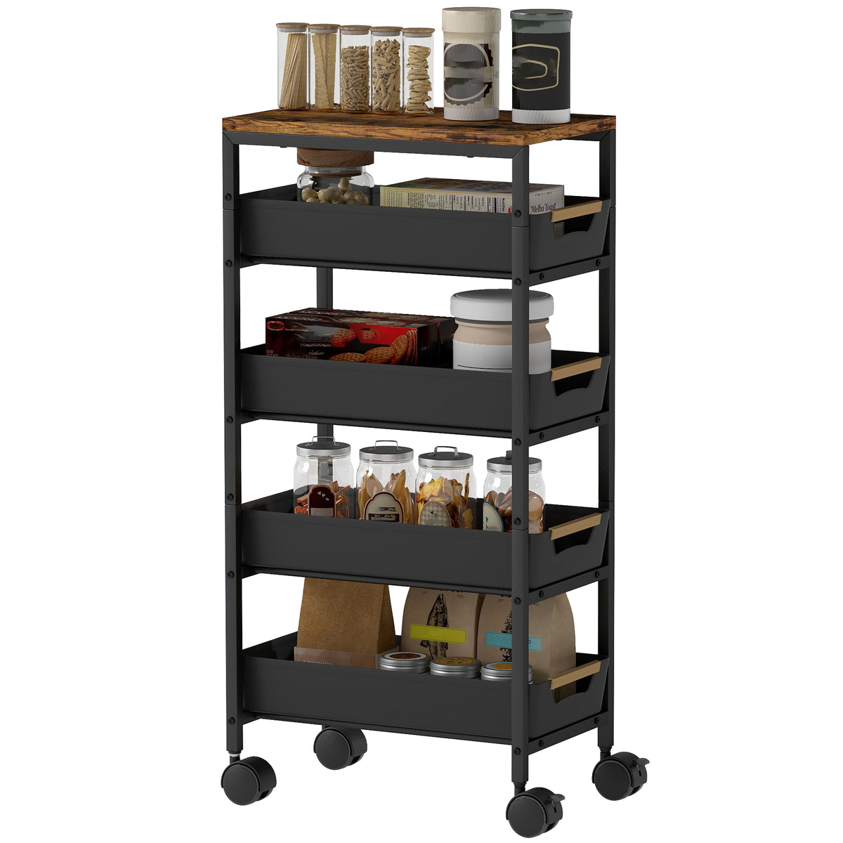 HOMCOM 5-stufiger Küchenwagen, Holzoptik, rollbar, Metallrahmen, 4 Schubladen, Schwarz – Produktabbildung 9
