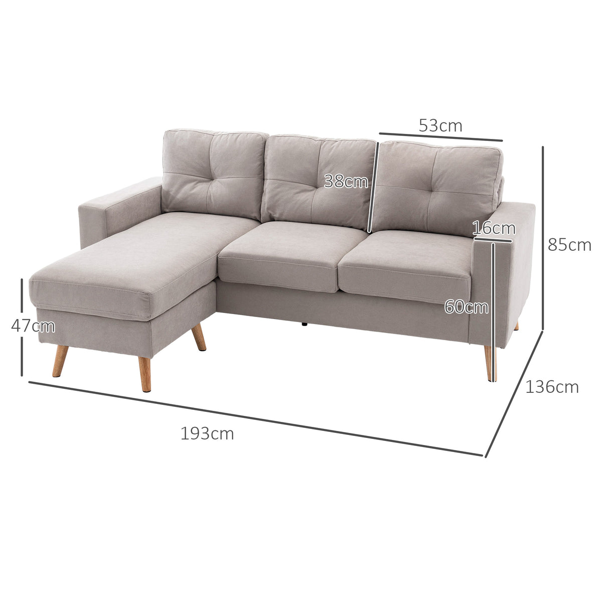 3-seater corner sofa, linen look, reversible chaise longue, 193x136x85 cm, light grey (3)