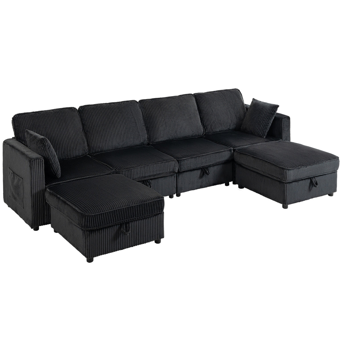 HOMCOM Ecksofa 4-Sitzer U-Form Sofa mit Stauraum-Ottomane, 306 cm Eckcouch mit Cord-Optik, 4 Kissen, für