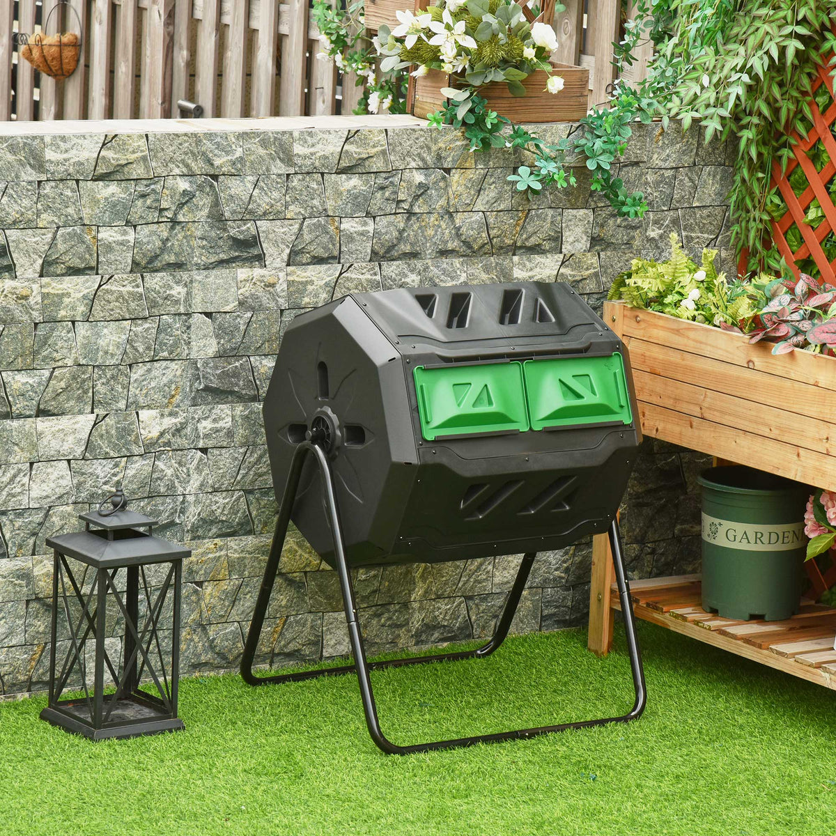 Outsunny Kompostbehälter mit 2 Behältern, 160 L Fassungsvermögen, drehbar, 71 cm x 65 cm x 96 cm, Grün + – Produktabbildung 2