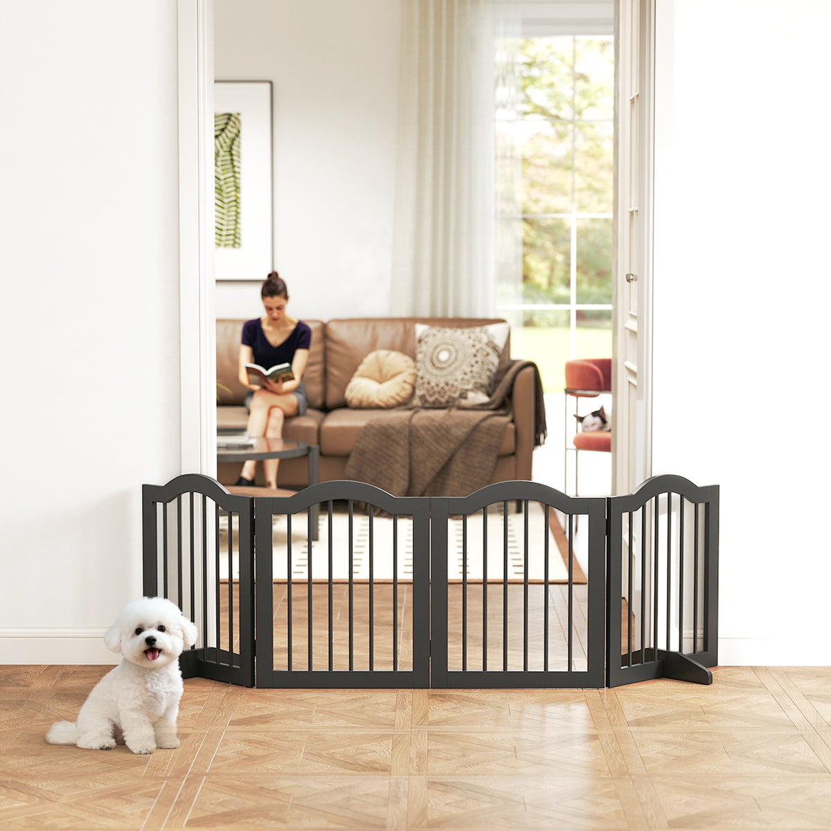 PawHut Absperrgitter Hund Freistehendes Schutzgitter mit Füßen, Klappbar Hundegitter, 4 Paneelen, 208 x – Produktabbildung 2