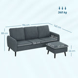 HOMCOM Ecksofa, 3-Sitzer-Sofa mit Fußhocker, Stoffbezug, L-förmiges Couch-Set, Dunkelgrau – Produktabbildung 3