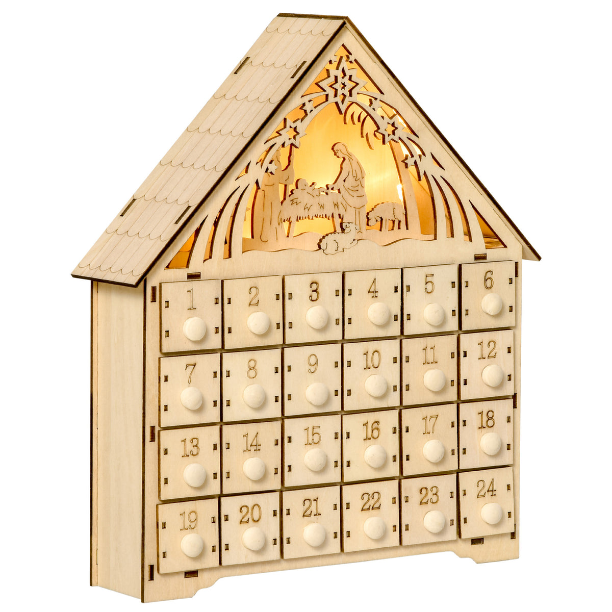 HOMCOM Adventskalender mit LED-Beleuchtung, 24 Schubladen, Krippenszene, 26,6x6x30 cm, Holzoptik