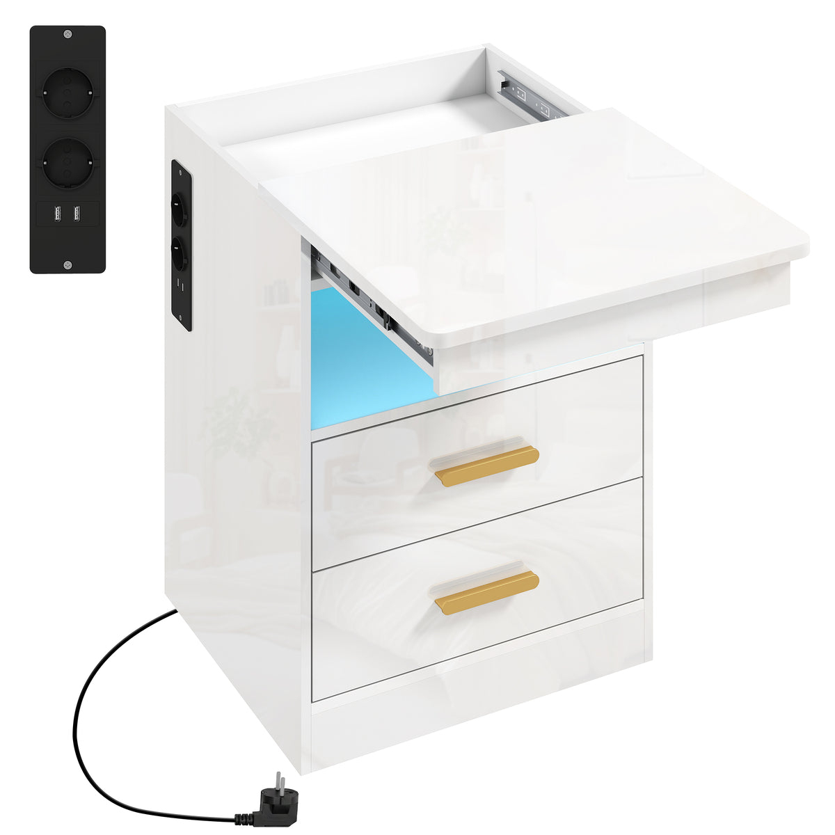 Nightstand, side table with charging station and RGB LED lighting, high-gloss white