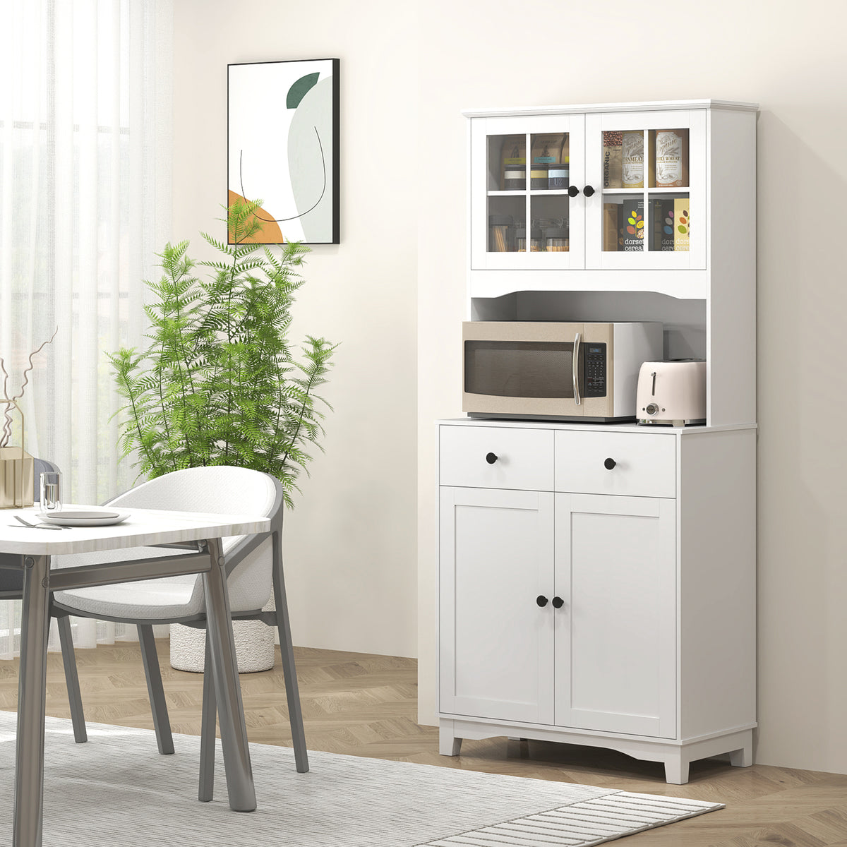 HOMCOM Freistehender Küchenschrank mit Arbeitsplatte für Mikrowelle, Kaffeemaschine, Schränke, Glastüren – Produktabbildung 2