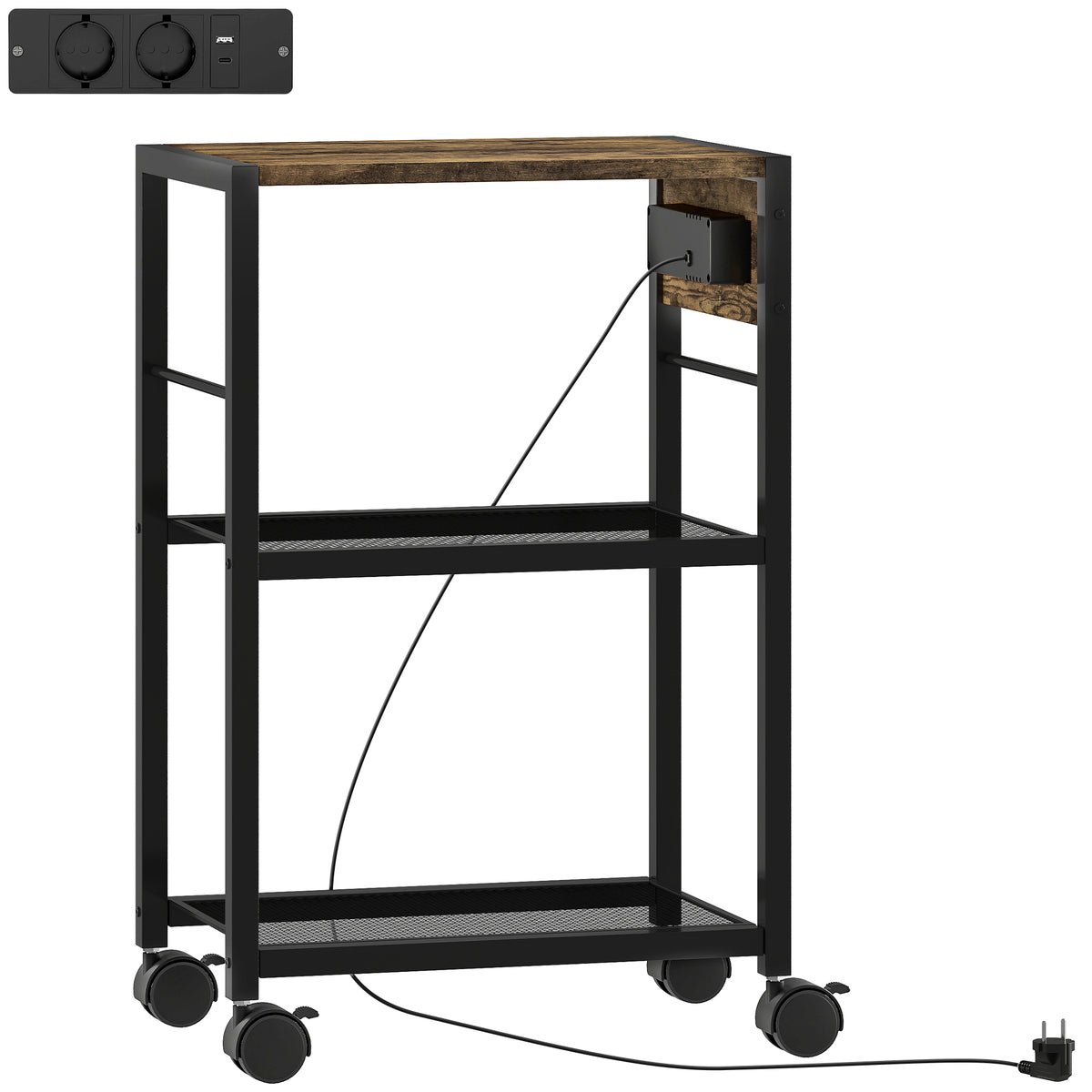 Printer stand, printer shelf with casters, power outlets, USB and USB-C ports, up to 40 kg, rustic brown