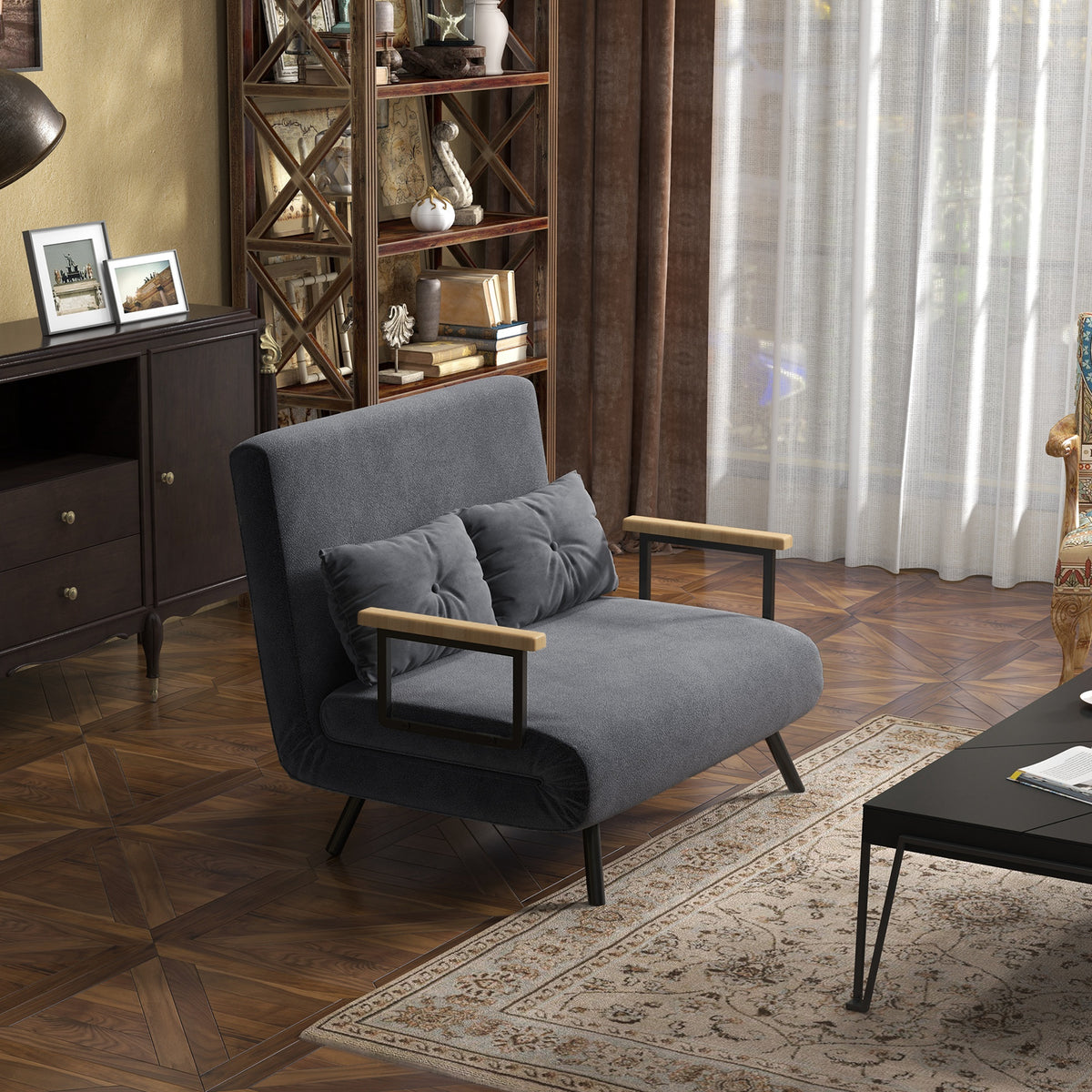 Sofa bed, 2-seater velvet sofa, sleeper function, incl. 2 cushions, velvet look, natural + dark grey + black (2)