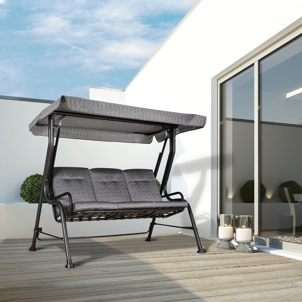 3-seater porch swing, garden swing, adjustable sun canopy, removable cushions, grey, 200x120x170cm (2)