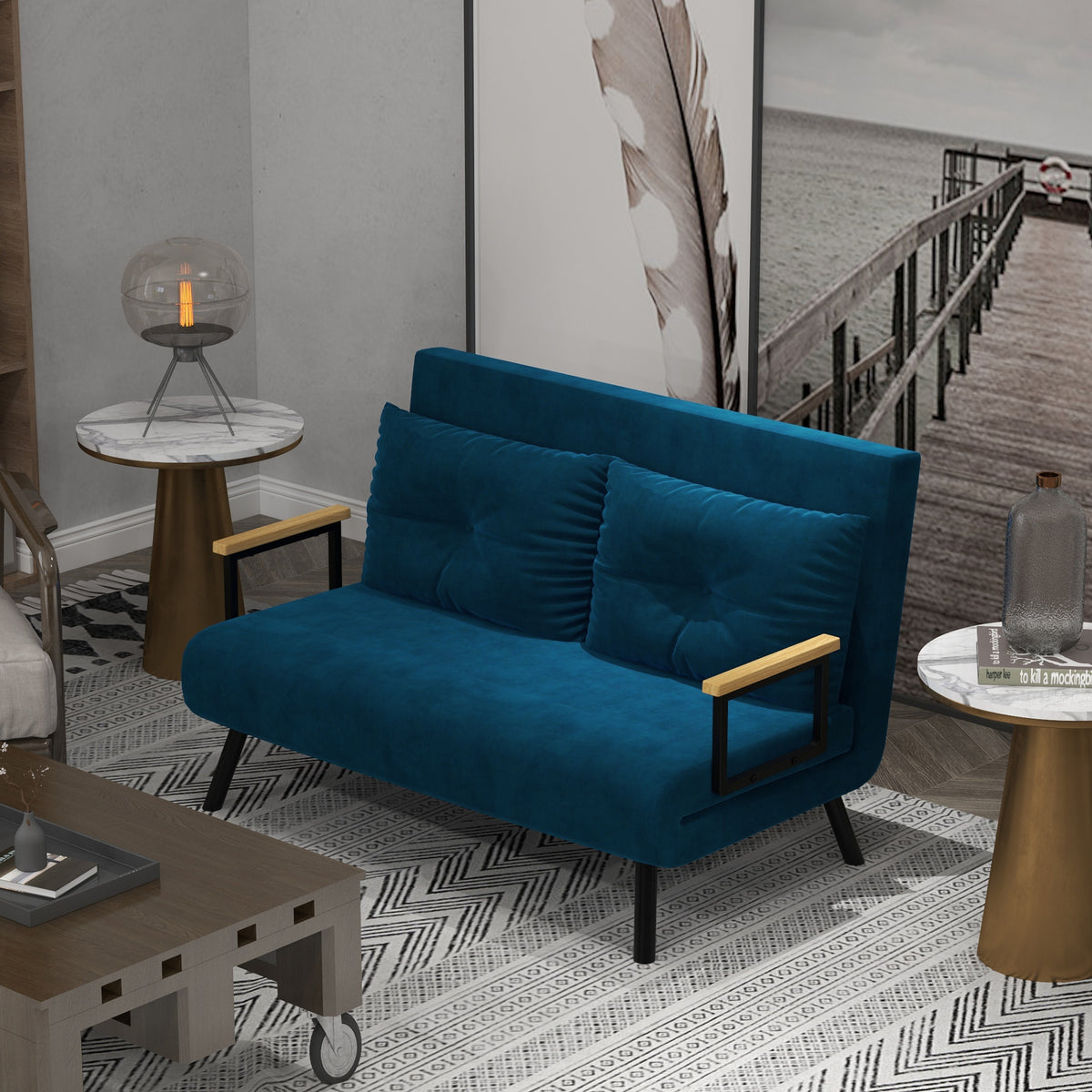 Sofa bed 2-seater velvet sofa, sleeping function, incl. 2 cushions, velvet look, natural + blue (2)
