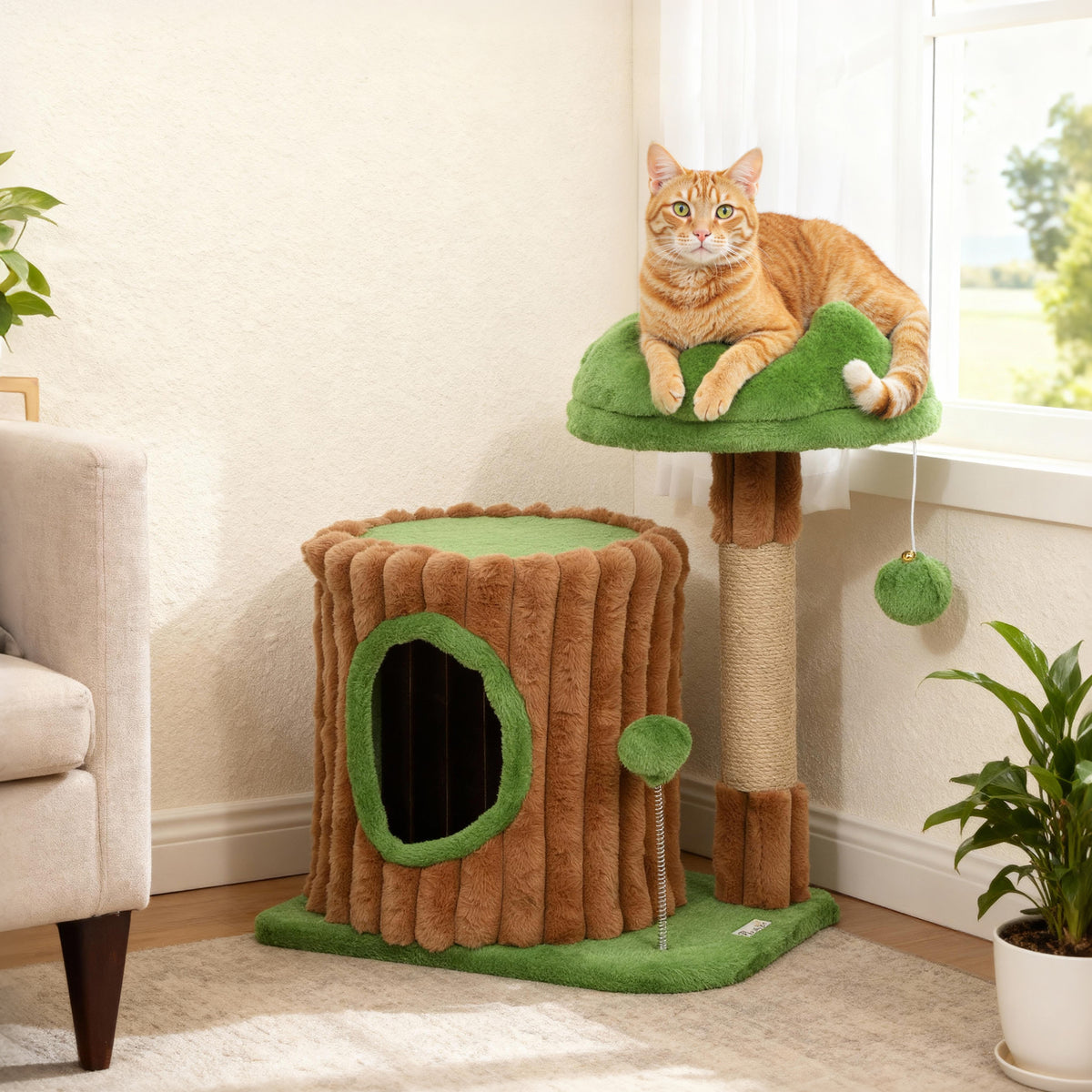 PawHut Kratzbaum 53 cm hoch Katzenbaum mit Höhle, Baumstamm-Design, Jutestämme, 2 Bälle für 1-2 Katzen – Produktabbildung 2