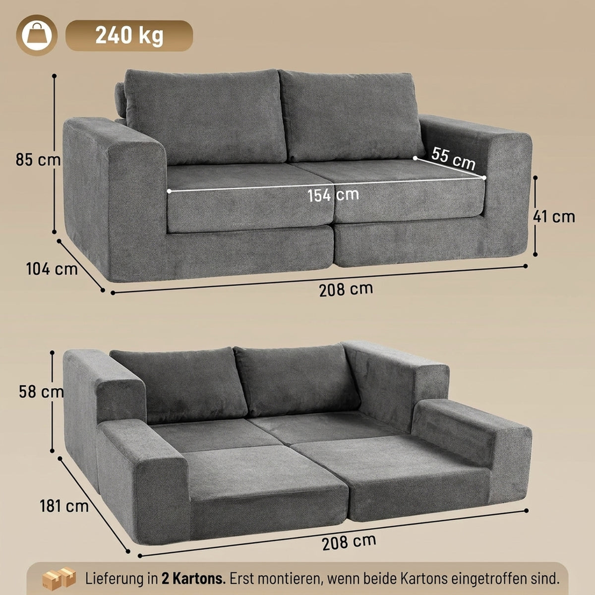 HOMCOM Schlafsofa 4-in-1 Schlaffunktion ausziehbar Klappsofa Kissen 2 Sitzer Grau – Produktabbildung 3