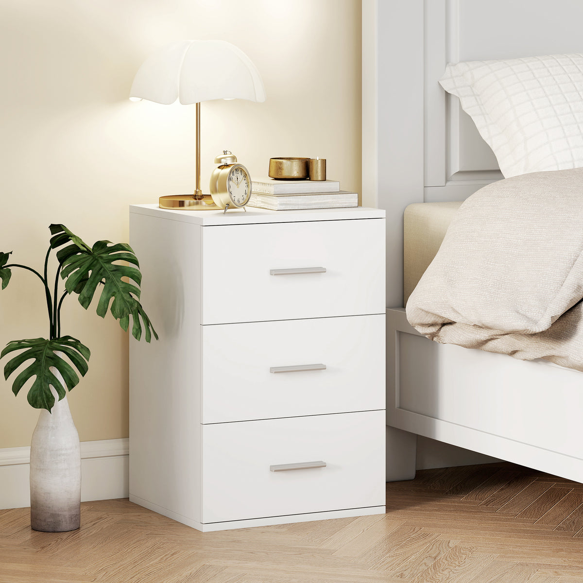 Nightstand with 3 drawers, side chest for bedroom, MDF, white (2)