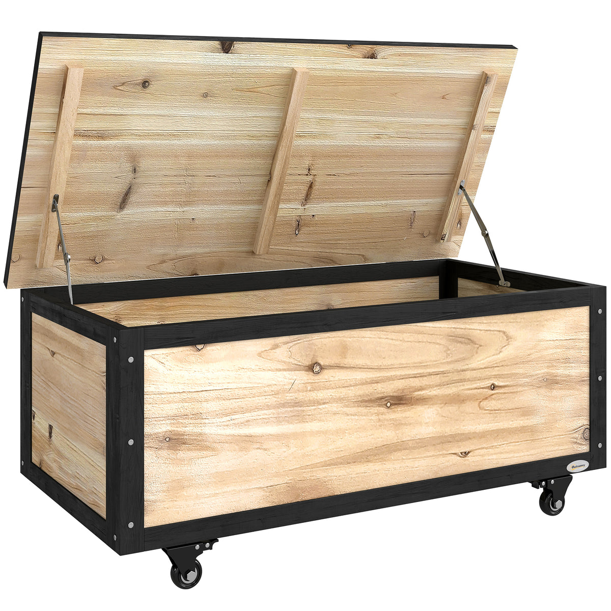 Garden storage box, 121 liters, 2 wheels, weatherproof, metal hinges, natural wood, 100x50x43 cm