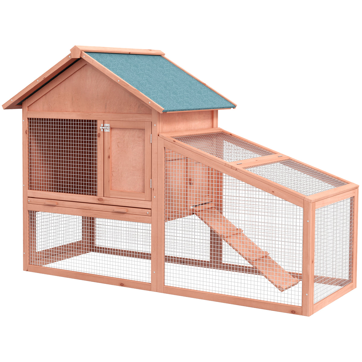 PawHut Kaninchenstall aus Holz auf Zwei Etagen mit Rampe 144x64,5x100 cm Hasenstall mit wasserabweisend
