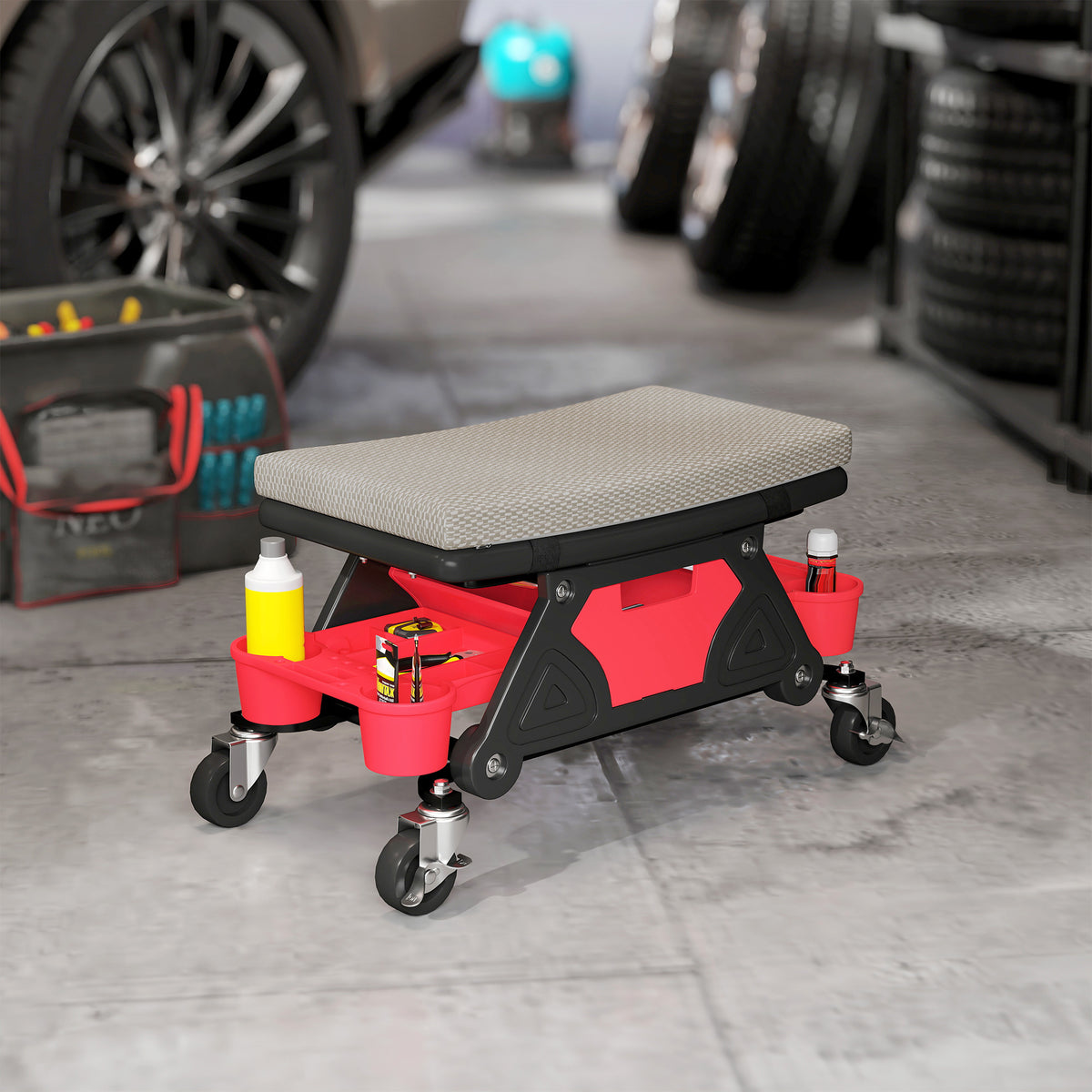 Workshop stool with castors, storage shelf, 35 cm high, rolling stool, load capacity up to 135 kg, grey (2)