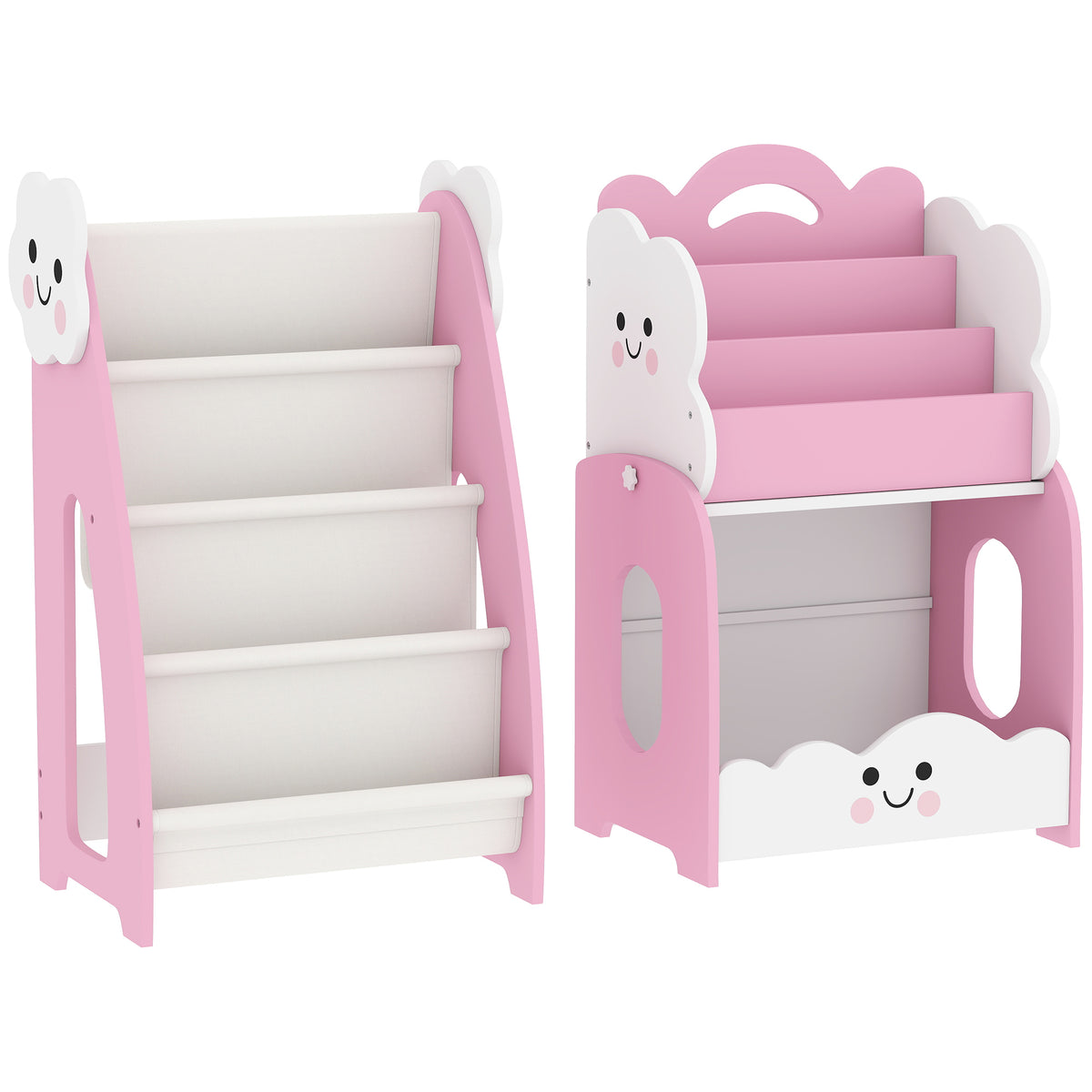 3-in-1 Kids' Shelf with Toy Storage, Modular Bookcase with 4 Pockets & 3 Tiers, plus Bedside Table, Pink