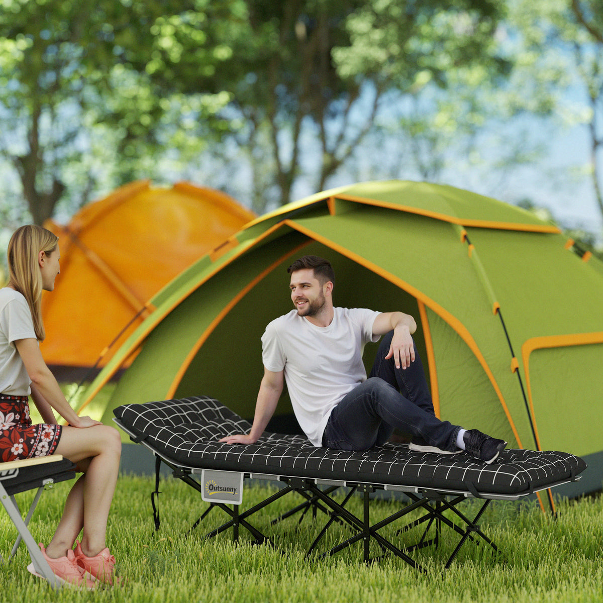 Foldable camping bed, cot with mattress, ergonomic, metal frame, black (2)