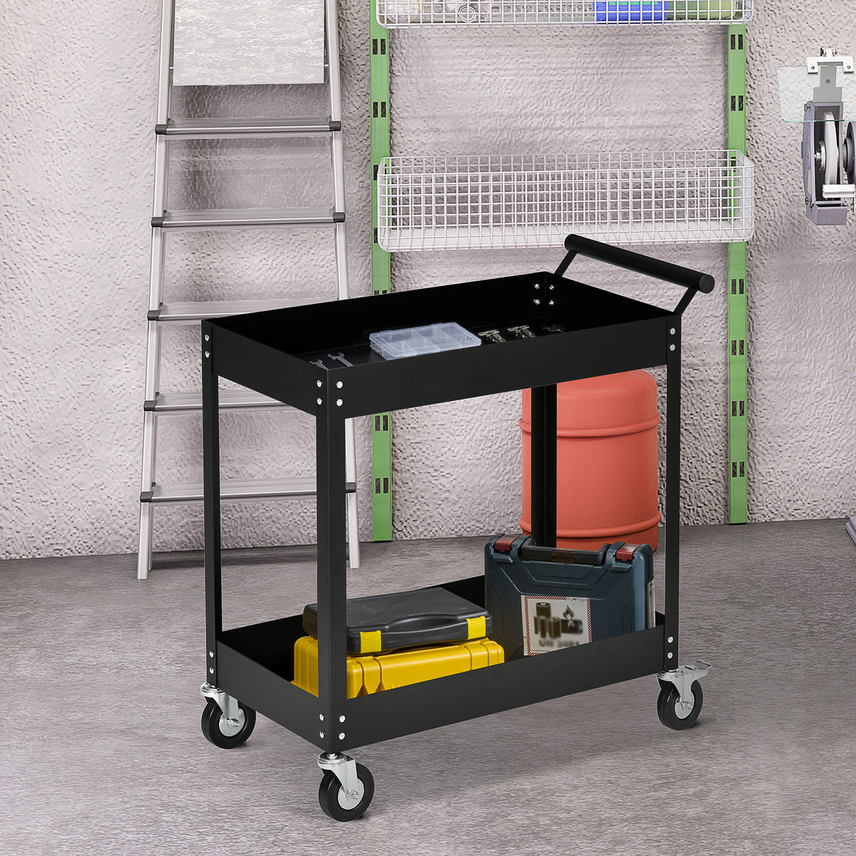 Werkstattwagen, 2 Etagen, Schubkarre, 4 Rollen, Stahl, bis 150 kg, 84,5 x 38 x 84 cm, Schwarz – Produktabbildung 2