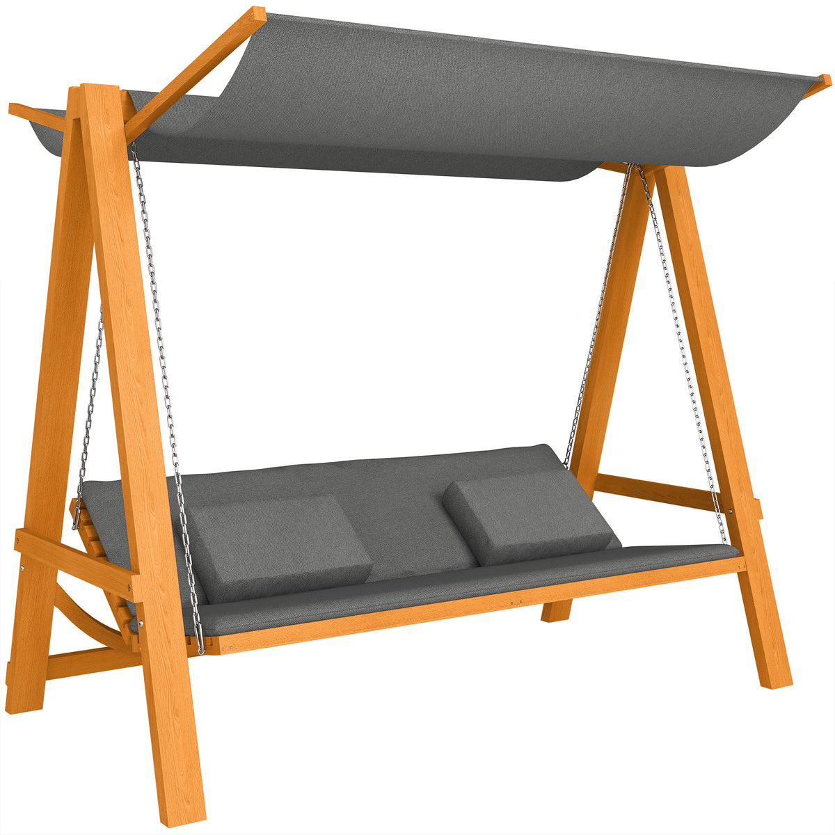Porch swing with bed function, 3-seater garden swing, larch wood, with adjustable sun canopy, 225.5 x 130 x 180
