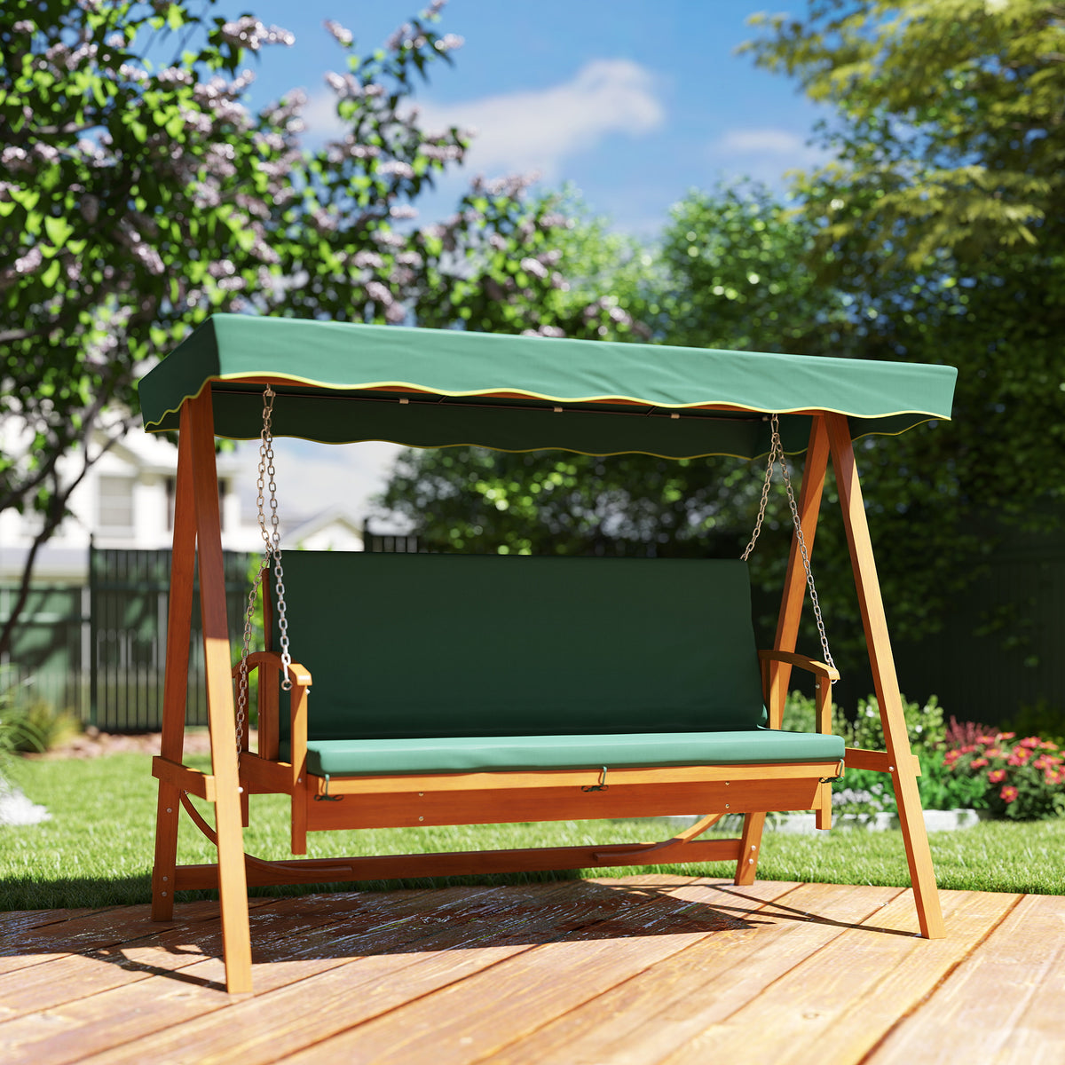 Porch swing with reclining function, wooden garden swing, 3-seater, for garden, patio, dark green (2)