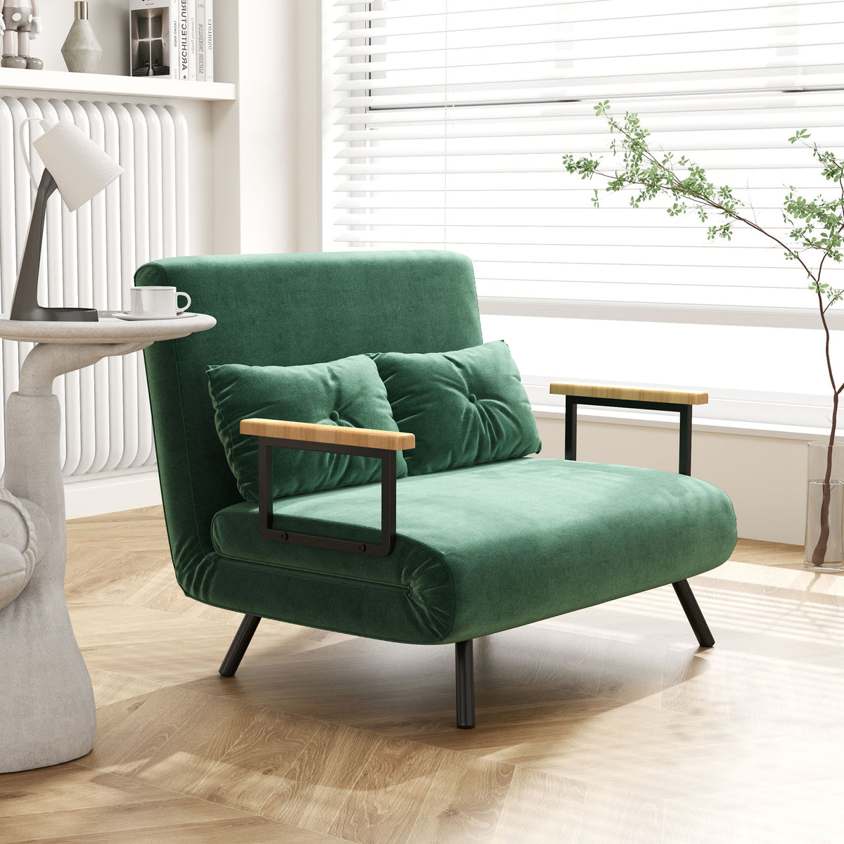 Sofa bed, 2-seater sofa, velvet sofa, sleeping function, incl. 2 cushions, velvet look, nature + green (2)