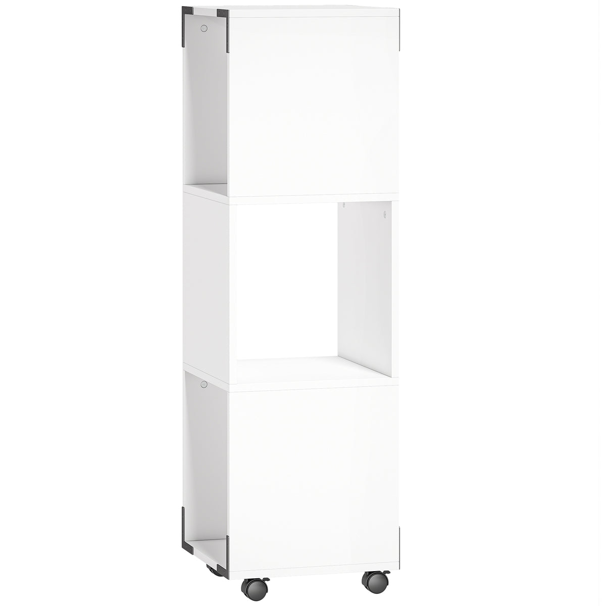 Mobile filing cabinet with 3 open compartments, printer stand on casters with 2 brakes, white