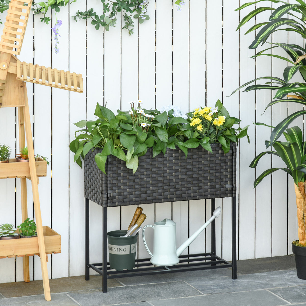 Outsunny Hochbeet, Blumenkasten, tiefe Ablage, Metallrahmen/Polyrattan, 70 x 30 x 70 cm, Dunkelbraun – Produktabbildung 2