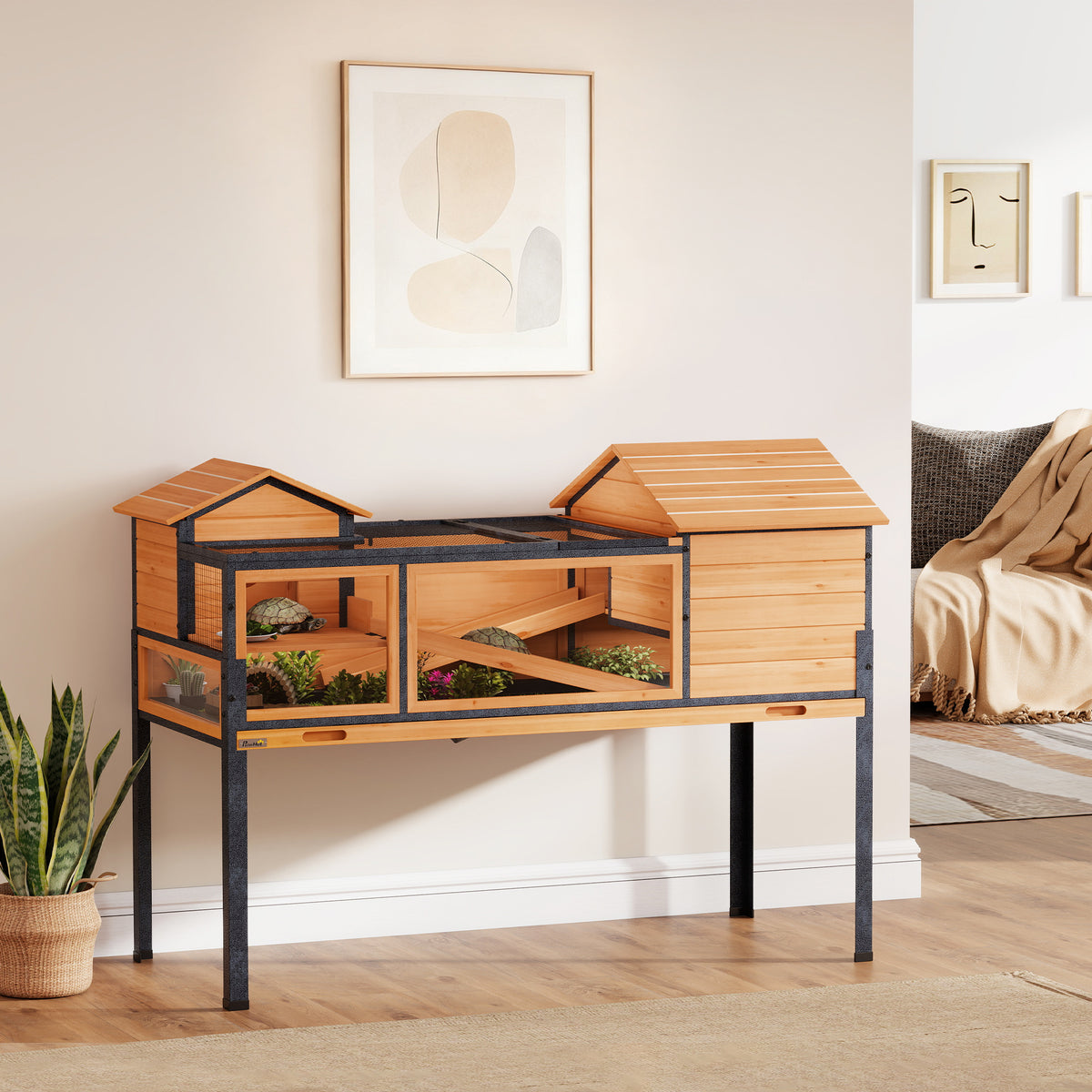 Tortoise house, small animal enclosure, 2 rooms, 2 floors, windows, ramps, accessories, wood, steel, yellow (2)