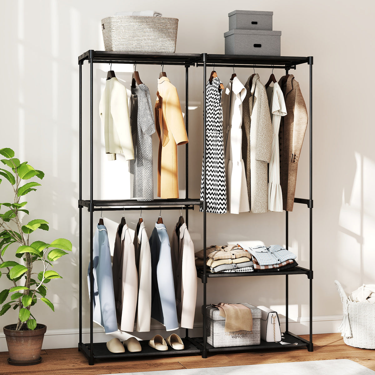 HOMCOM Tragbarer Kleiderständer, Metallrahmen, Stoffregale, viel Platz, Schwarz – Produktabbildung 2