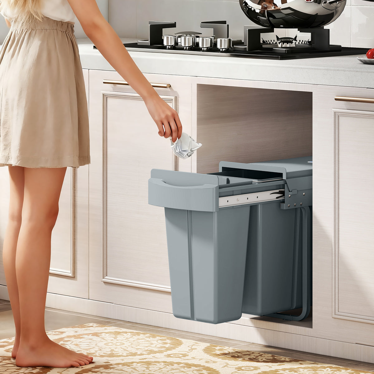 HOMCOM Ausziehbarer Mülleimer, Küchenmüllbehälter mit 2 herausnehmbaren Eimern, Griff, 30 Liter (20 L+10 – Produktabbildung 2
