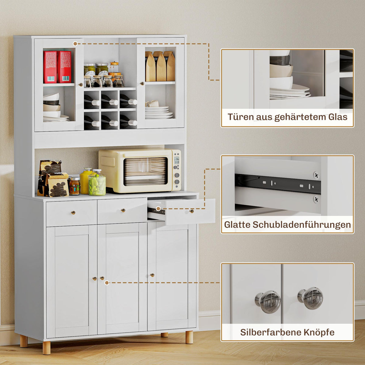 HOMCOM 180 cm Küchenschrank, 2 Glastüren, 3 Schubladen, 4 verstellbare Regale, Esszimmerschrank – Produktabbildung 7
