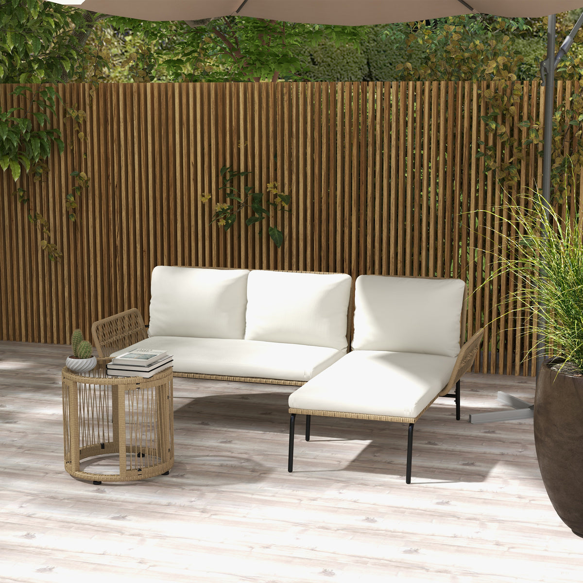 Outsunny Gartensitzgrupp Loungemöbel-Set, PE Rattan, 122 x 79 x 75 cm, Natur + Cremweiß – Produktabbildung 2
