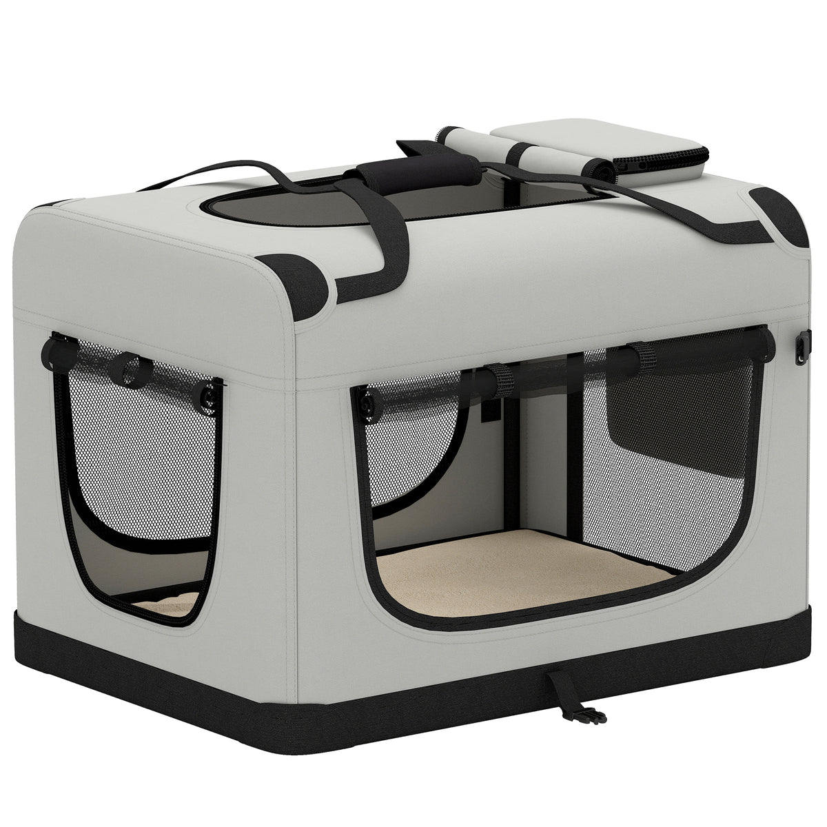 Pet carrier bag, soft-sided dog carrier with safety leash, cushion and bowl, light gray