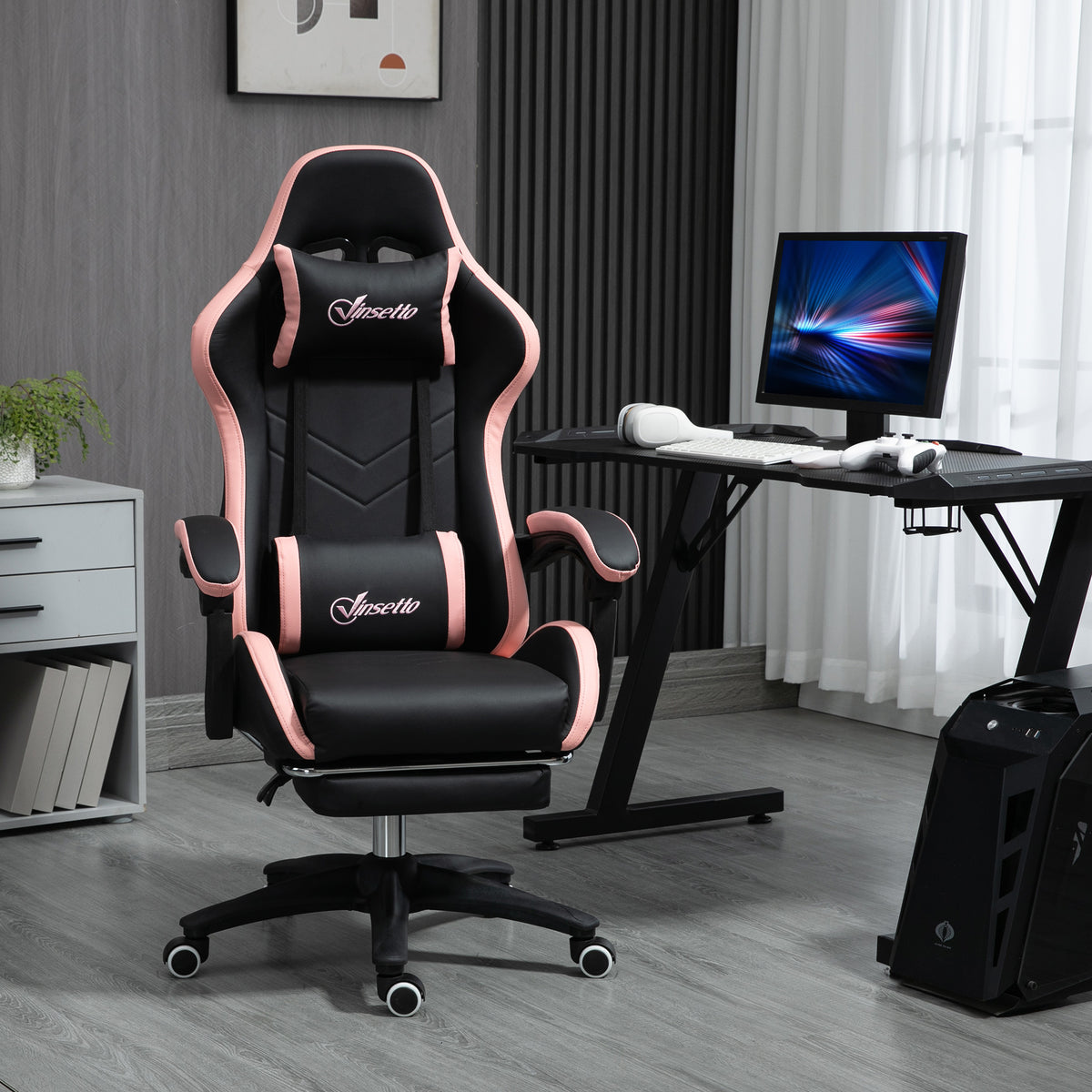 Vinsetto Bürostuhl, Gamingstuhl, 1 Kopfstütze, 1 Lendenstütze, Rosa + Schwarz – Produktabbildung 2