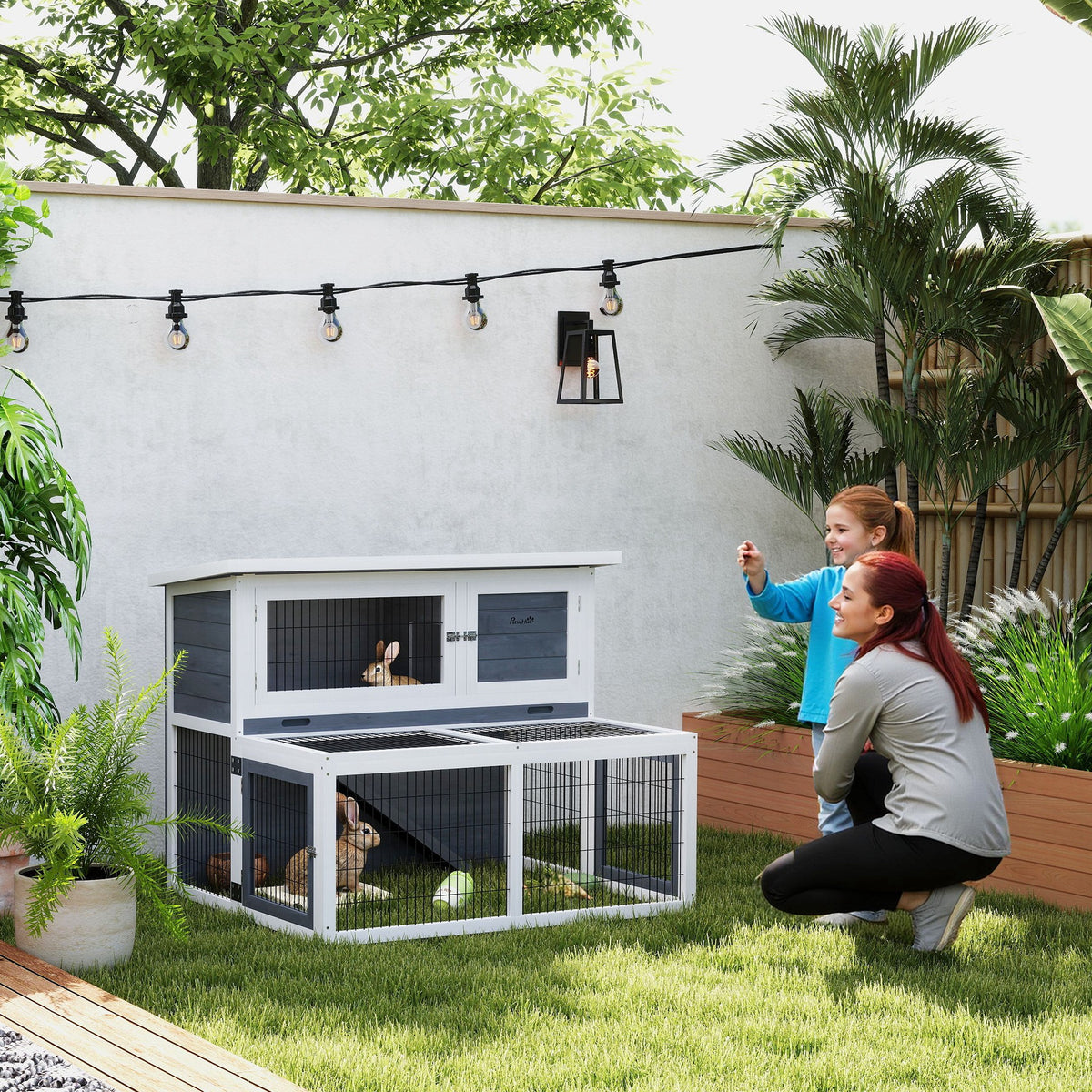 2-Tier Rabbit Hutch with Hinged Roof, Solid Wood Rabbit Cage, Winterproof Double-Decker House, 122x95x93.5 cm (2)