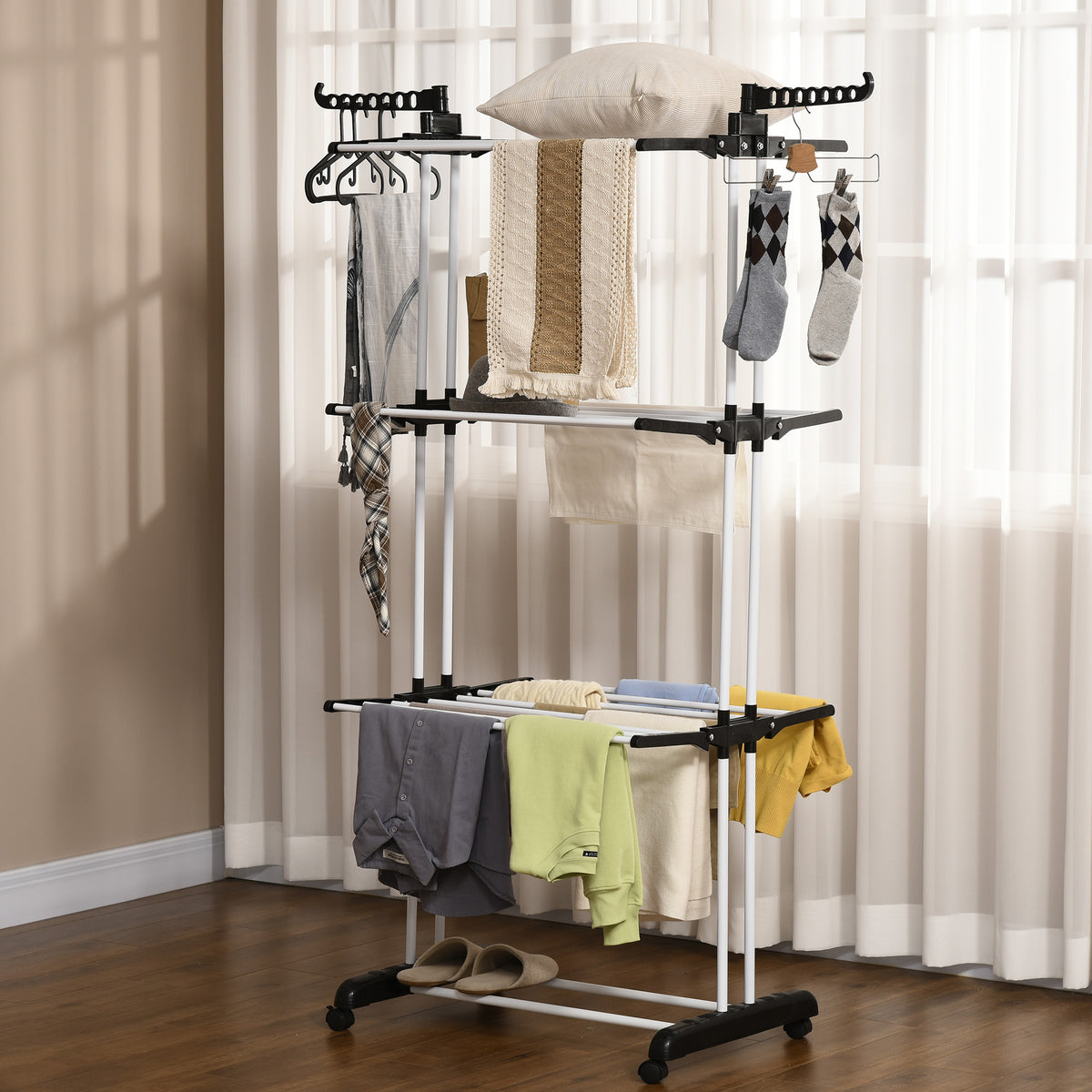 Laundry drying rack, 4 tiers, foldable, 4 casters with 2 brakes, metal frame, black, 73 x 50 x 172cm (2)