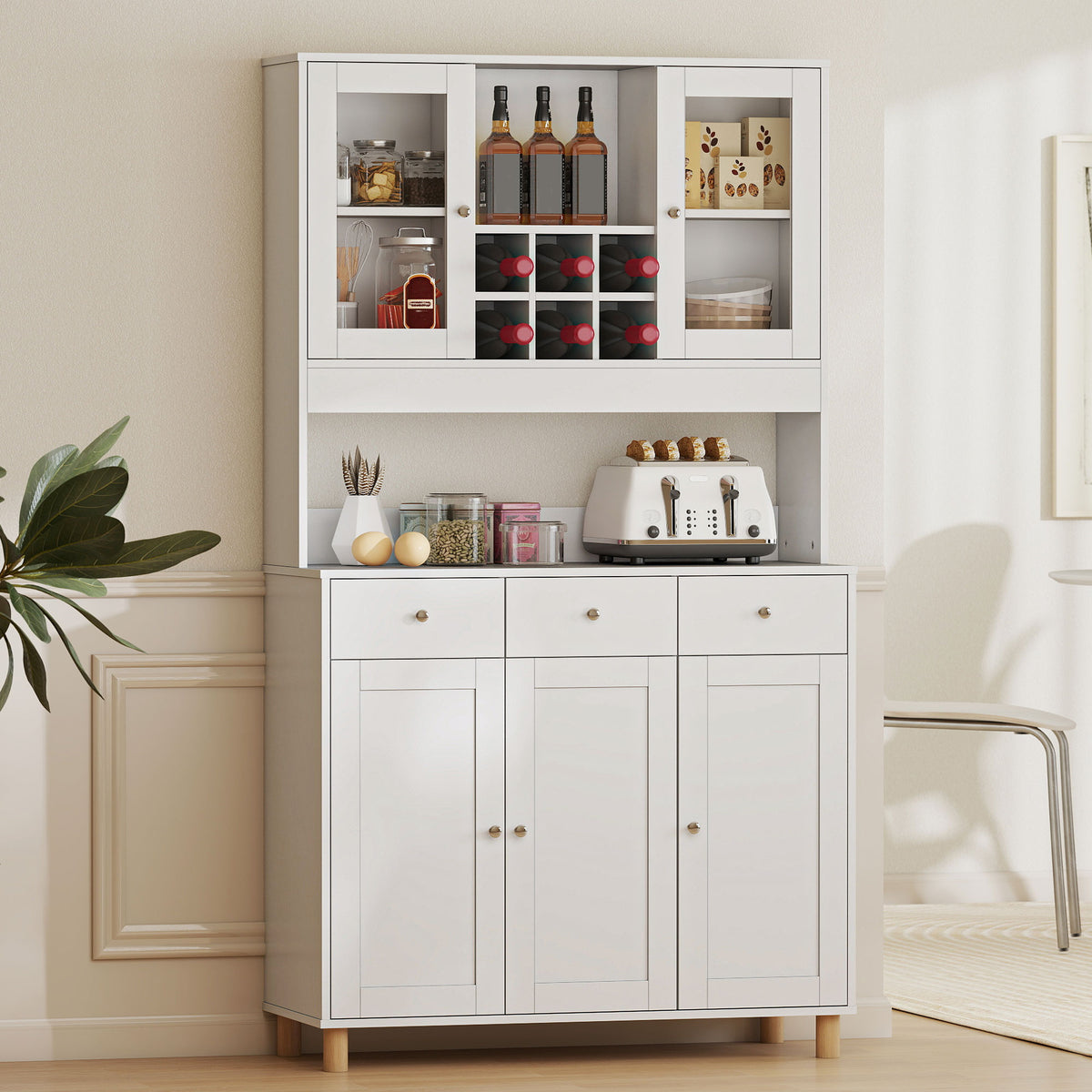 HOMCOM 180 cm Küchenschrank, 2 Glastüren, 3 Schubladen, 4 verstellbare Regale, Esszimmerschrank – Produktabbildung 10
