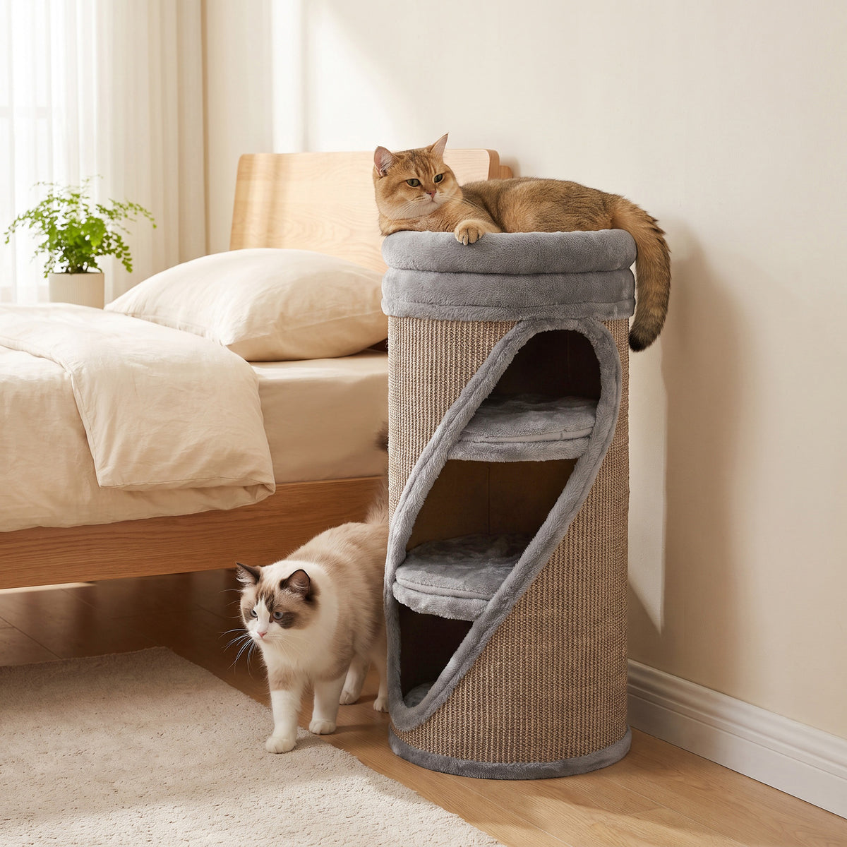 PawHut Kratztonne 75 cm Hoch Ø 35 cm 4-Stufige Katzentonne mit 3 Höhlen, abnehmbarem waschbarem – Produktabbildung 2