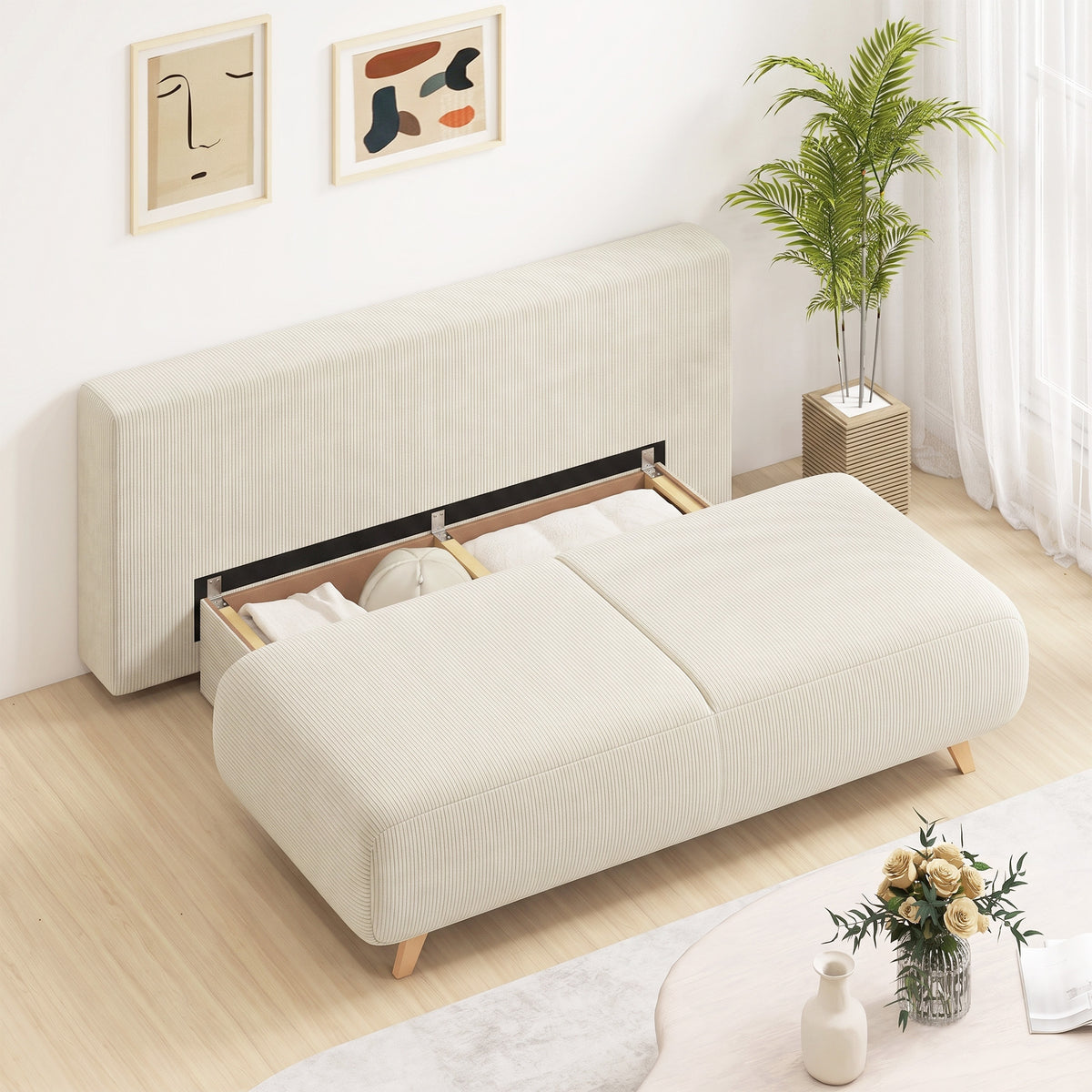 HOMCOM Schlafsofa mit verstellbarer Rückenlehne, Bettfunktion, verstecktem Stauraum und Cordbezug, Beige – Produktabbildung 9