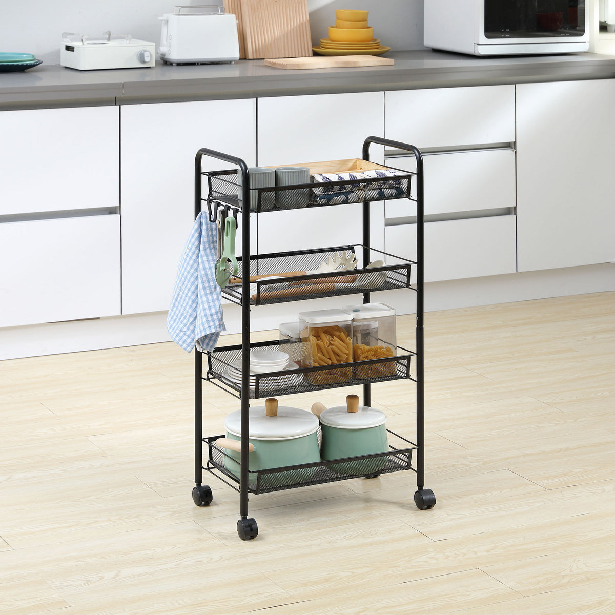 HOMCOM Rollwagen mit 4 Hängekörben, Servierwagen auf Rollen, fahrbar, abnehmbare Haken, Stahl, 45 x 26,5 – Produktabbildung 2