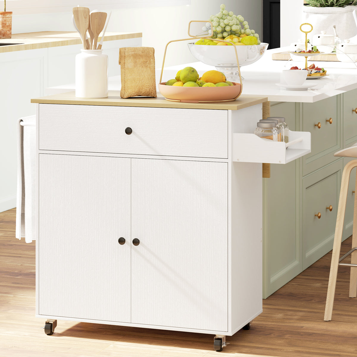HOMCOM Küchenwagen mit Schublade, Schrankfach, Handtuchstange, 106 x 42 x 87 cm, Weiß/Eiche – Produktabbildung 2