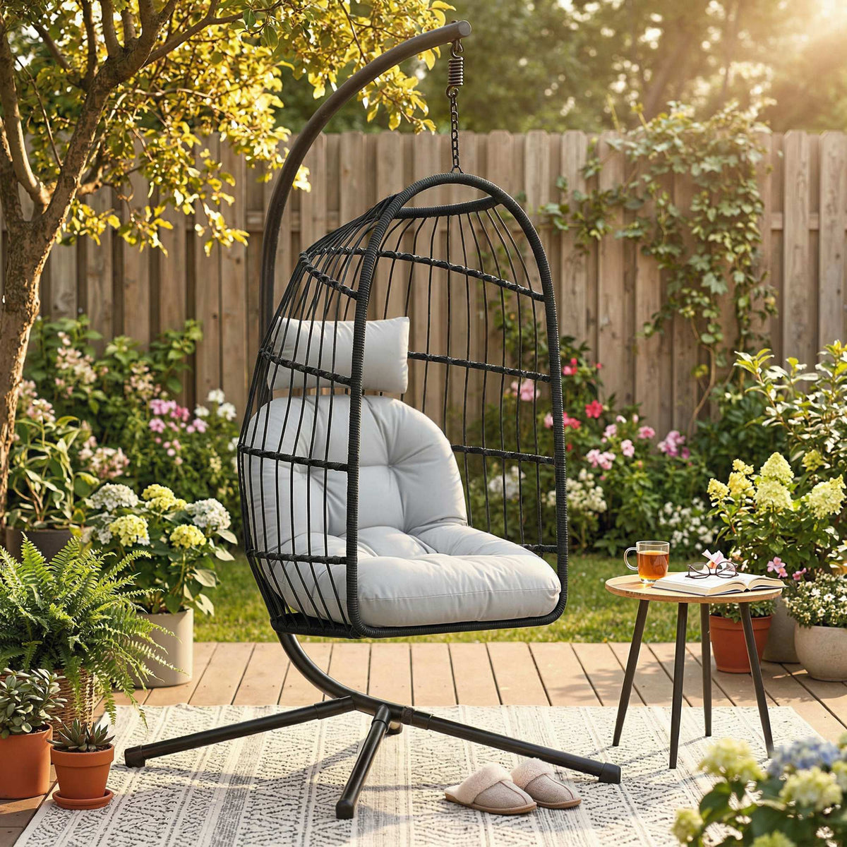 Hanging chair with foldable stand, polyrattan hanging basket with cushion, safety belt, headrest, straps (2)