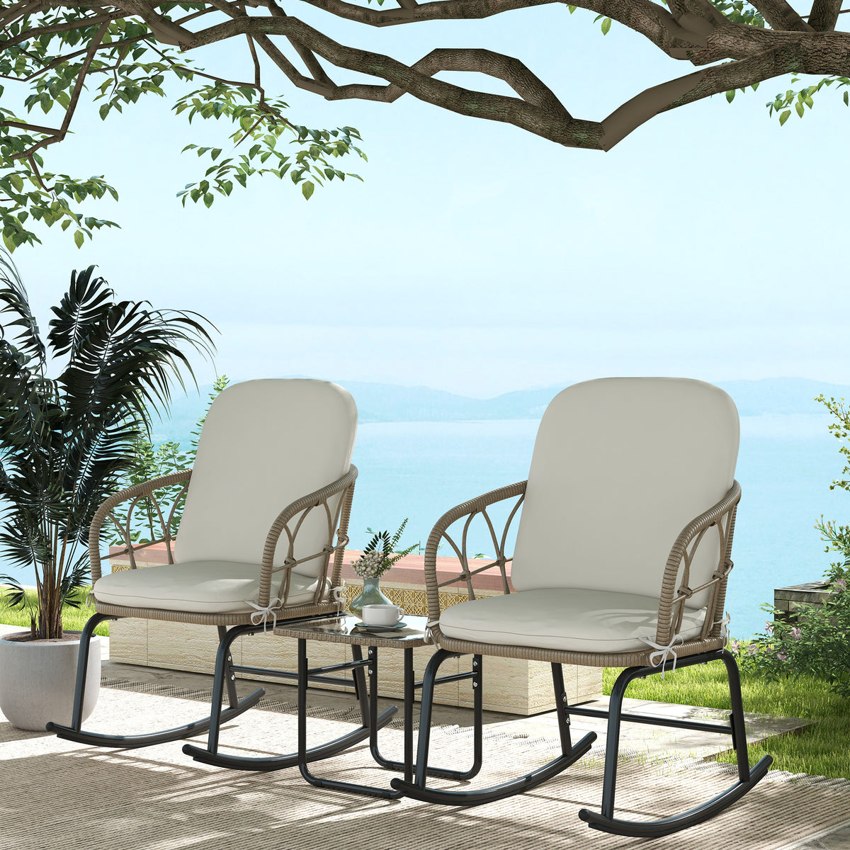 Outsunny Schaukelstuhlset Schaukelstühle Bistro-Set, Bohostil, PE-Rattan, wetterbeständig, Creme – Produktabbildung 2
